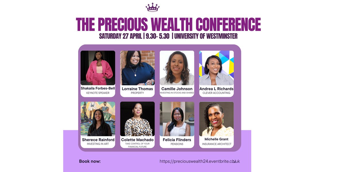 preciousonline's tweet image. Join us at the PRECIOUS Wealth Conference on 27/4. This empowering event is for women seeking to build wealth and secure a financial legacy. Hear from speakers on investing, pensions, property &amp;amp; more. Book: preciouswealth24.eventbrite.co.uk #FinancialFreedom  #womenofcolour #LondonEvents