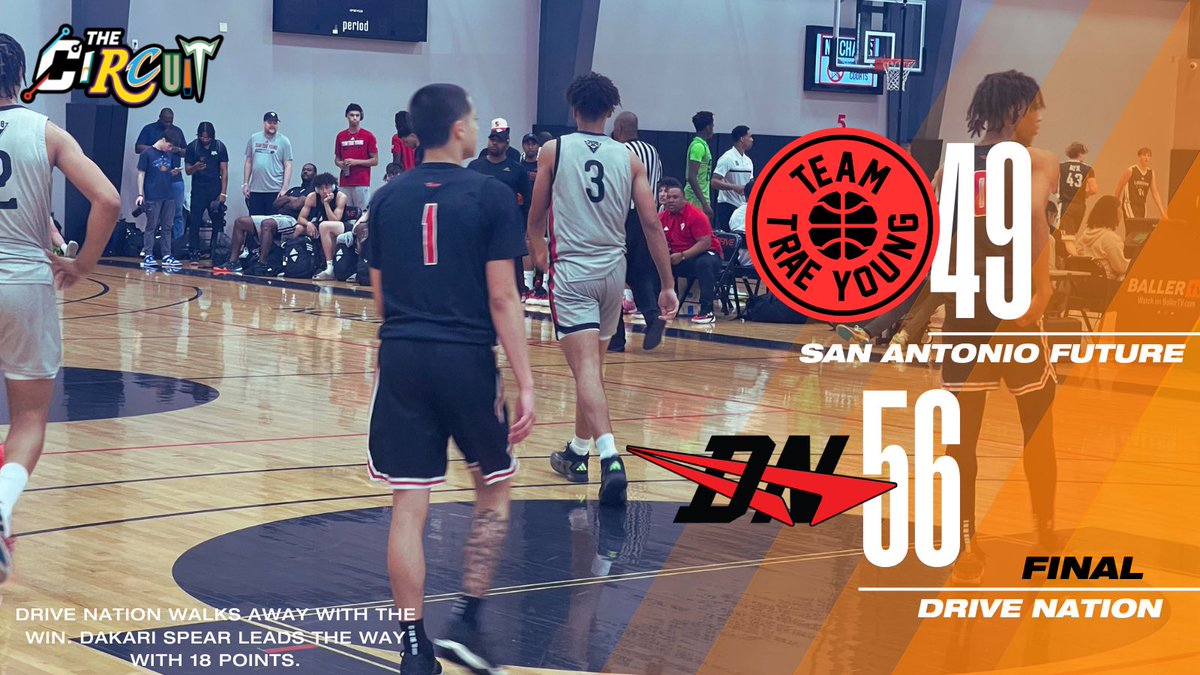 Drive Nation EYBL 16 walks away with the win in a tough contest with the talented Team Trae Young. Drive Nation Leading Scorers Dakari Spear - 18 PTS Xavier Green - 10 PTS Phoenix Woodson - 9 PTS Team Trae Young Scoring Leaders Bryce Dixon - 12 PTS J’Den Shields - 10 PTS