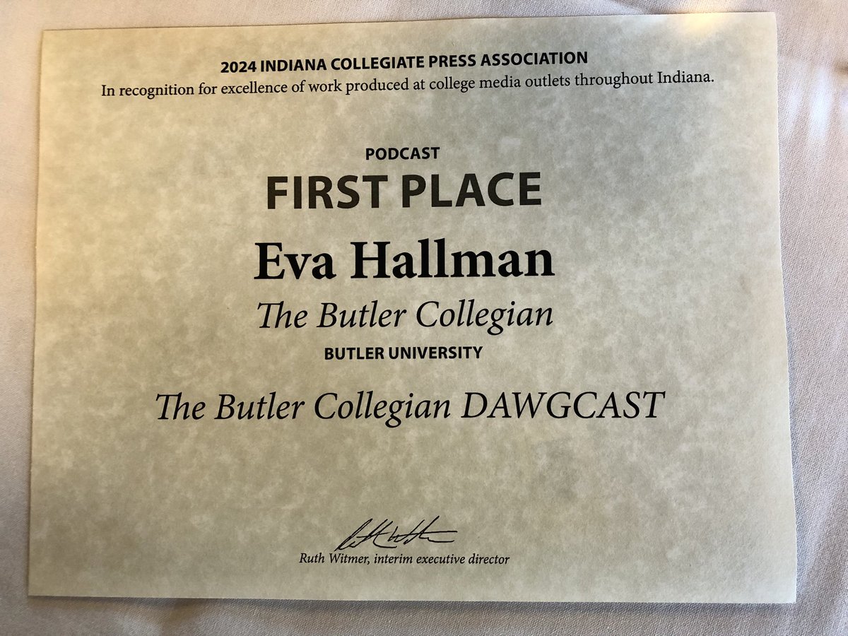 Congratulations to the Multimedia Editor Eva Hallman @butlercollegian for winning first place in the Podcast category of the @ICPAconnect contest this year! 
@ButlerCCom