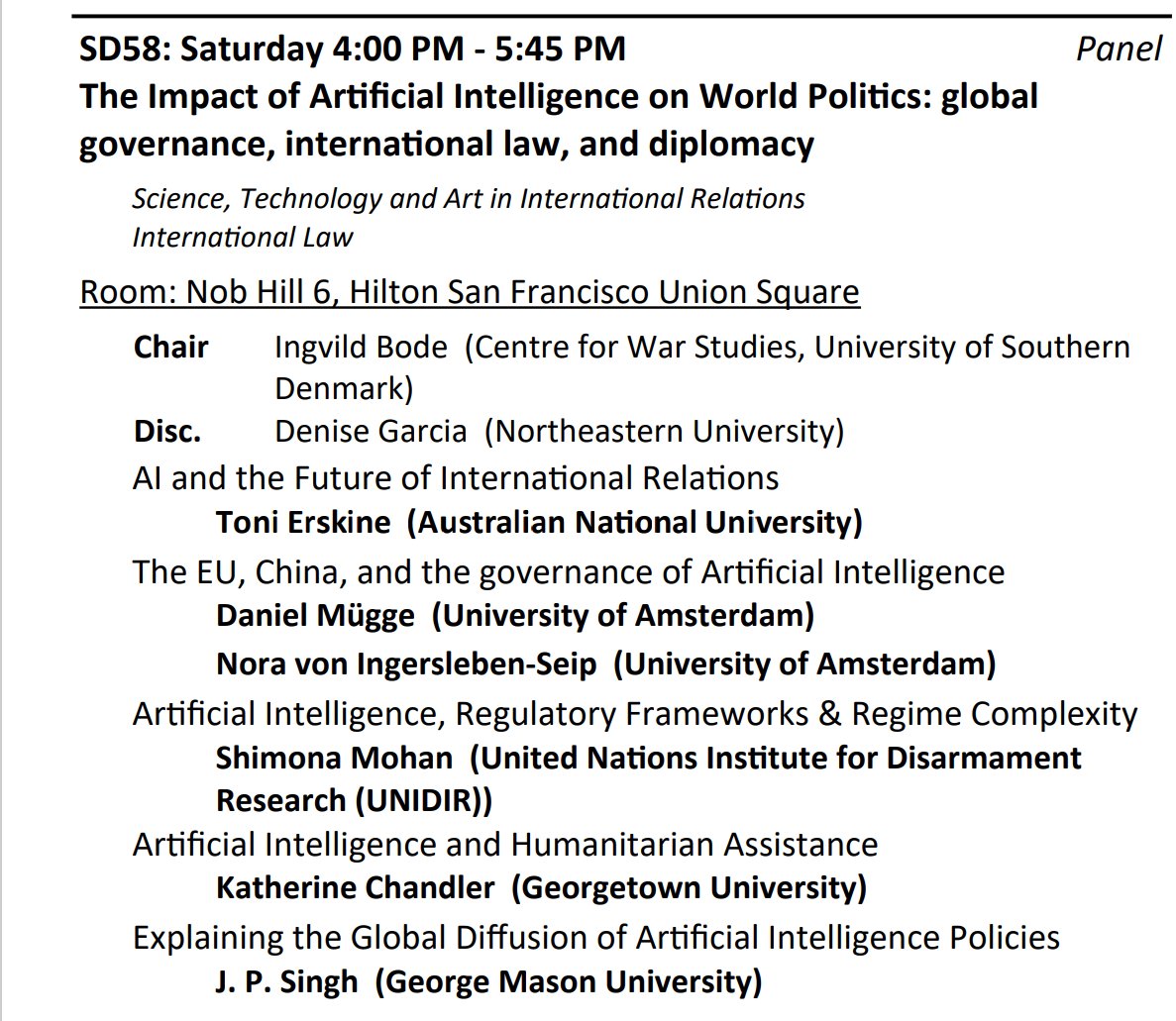 Looking forward to being part of this panel on 'The Impact of AI on World Politics' in the last slot of the conference, 4pm today. Please come along! 😊#ISA2024