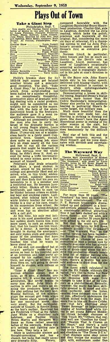 The great #LouisGossettJr was a regular in @Variety for his entire adult life. His first mention came at age 17 in the 9/9/53 weekly. It’s telling that from the start, in a review of a Philadelphia staging of “Take a Giant Step,” he commanded respect as an artist. A tribute 🧵