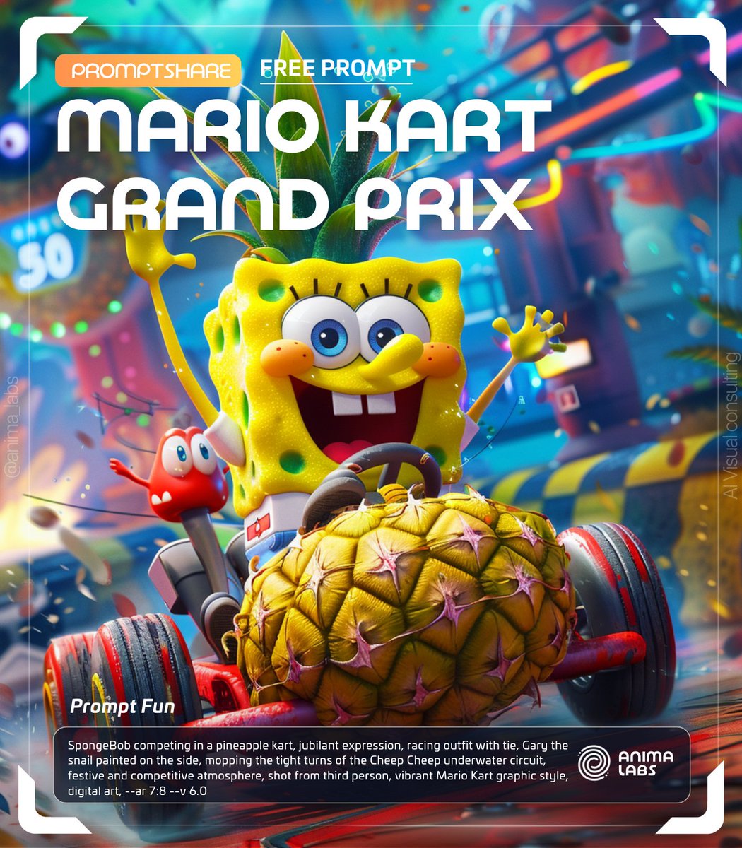 Anima_Labs's tweet photo. 🌟 Promptshare : Grand Prix Fantaisie à la Mario Kart 🌟

👉 Structure du Prompt Principal :

[character] in full [frantic racing action] with [expression of defiance or joy], [Mario Kart-appropriate outfit], [character accessories built into the kart], [characteristic kart-themed kart details] on [the iconic Mario Kart circuit], festive and competitive atmosphere, third-person shooting, vibrant Mario Kart-style graphics, digital art, --ar 16:9 --v 6

Lancez-vous dans une course déjantée où vos personnages favoris de divers univers prennent le volant dans le style inimitable de Mario Kart. 

(Ce prompt fonctionne correctement avec différentes IA : Leonardo, Copilot, DALLE, Stable Diffusion … )

Informations Complémentaires :
🎭 Type de Prompt : Fun
💡 Usage : Pour les fans de jeux vidéo, créateurs de contenu, et illustrateurs cherchant à fusionner des univers
🎨 Secteur d'Activité : Jeux vidéo, divertissement, fan art
⚖️ Difficulté : Moyenne
🔍 Tips d'Utilisation : Accordez une attention particulière aux éléments emblématiques de Mario Kart dans le design des karts et du circuit pour une immersion totale.

A vos prompts ! N’hésitez pas à nous partager vos créations :)

#AIArtwork #AIArtistCommunity #AIArtworks #Midjourney #Ai #AIcommunity #Promptshare #Prompt