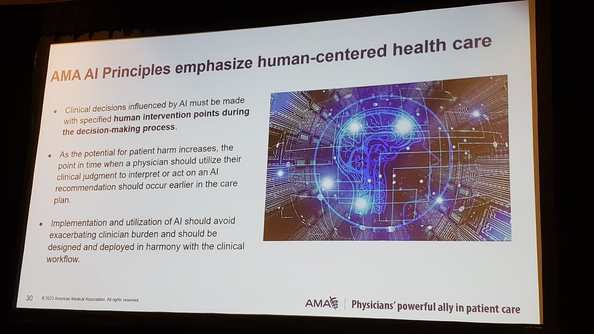 I love this perspective on #AI that @DoctorJesseMD shared at #CSAAnnualConf2024 'Augmented intelligence' - #AI needs principles and should be deployed in an ethical, equitable, responsible, and transparent manner 👏🏽 See @AmerMedicalAssn ref ama-assn.org/press-center/p…