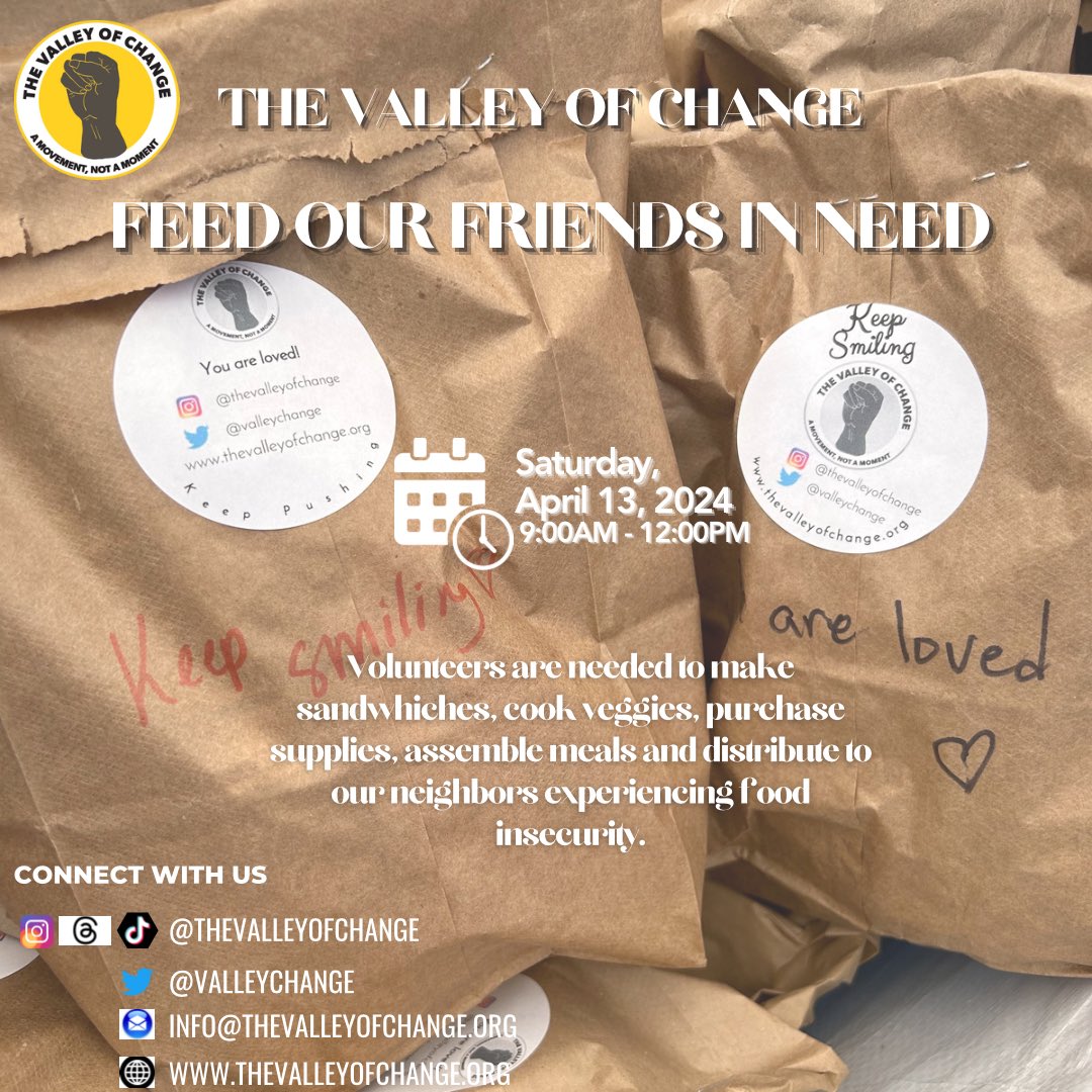 Join The Valley of Change on Saturday, April 13, as we Feed Our Friends In Need. 🥦 🥕 🥪 Click the link in the bio to signup or for more information. Show Up and Show Out 🫶🏾✊🏾 🗓 Save the date and get involved! ✅ #FeedOurFriendsInNeed #Community #BLM #MutualAid