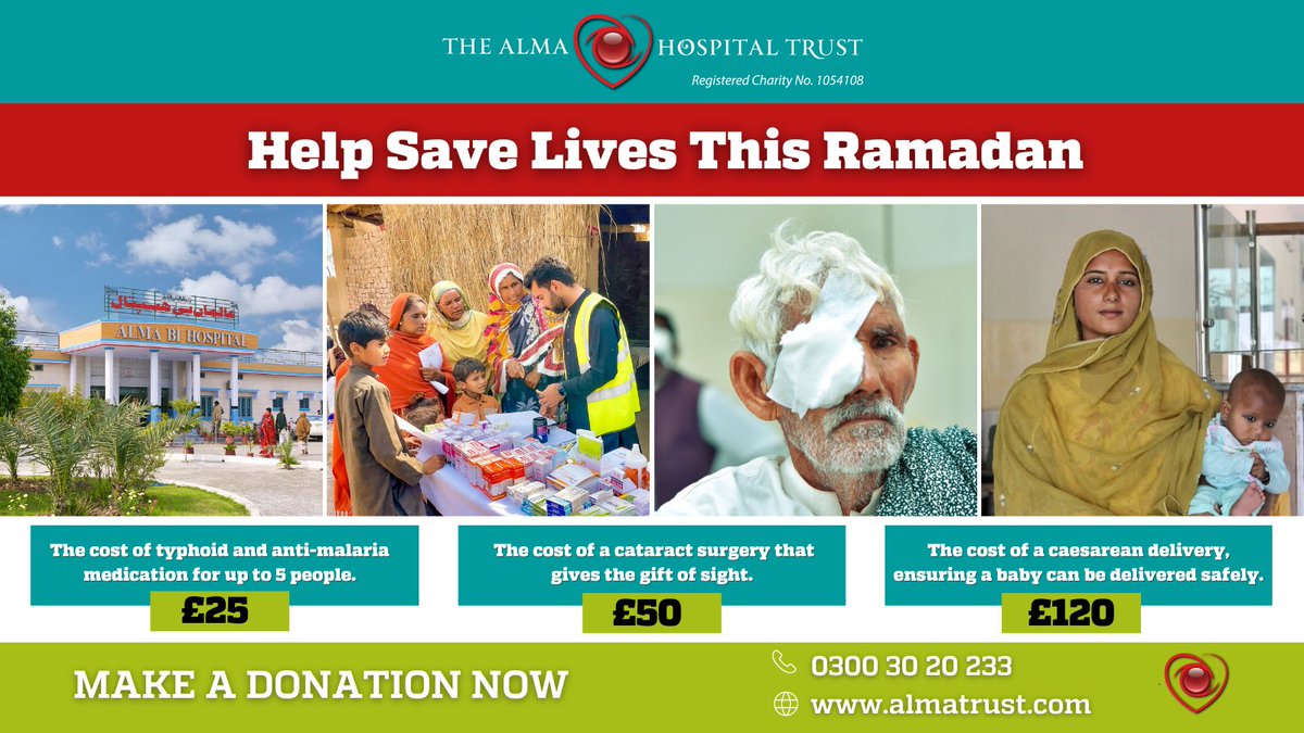 Funded through charitable donations, Alma Bi Hospital treats thousands of people in need in a remote, rural area in #Hafizabad, #Pakistan.   Help save lives this #Ramadan and Donate Now: almatrust.com/ramadan-appeal or call 0300 30 20 233   Every penny counts 🙏 ❤ @almatrust