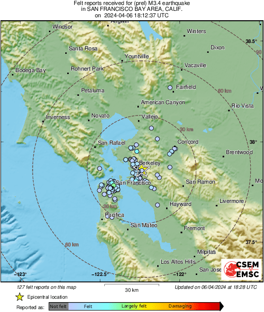 #Earthquake 12 mi NE of San Francisco (#California) 16 min ago (local time 11:12:37). Updated map - Colored dots represent local shaking &amp; damage level reported by eyewitnesses. Share your experience via:
📱emsc-csem.org/lastquake/how_…
🌐m.emsc.eu/?id=1643354