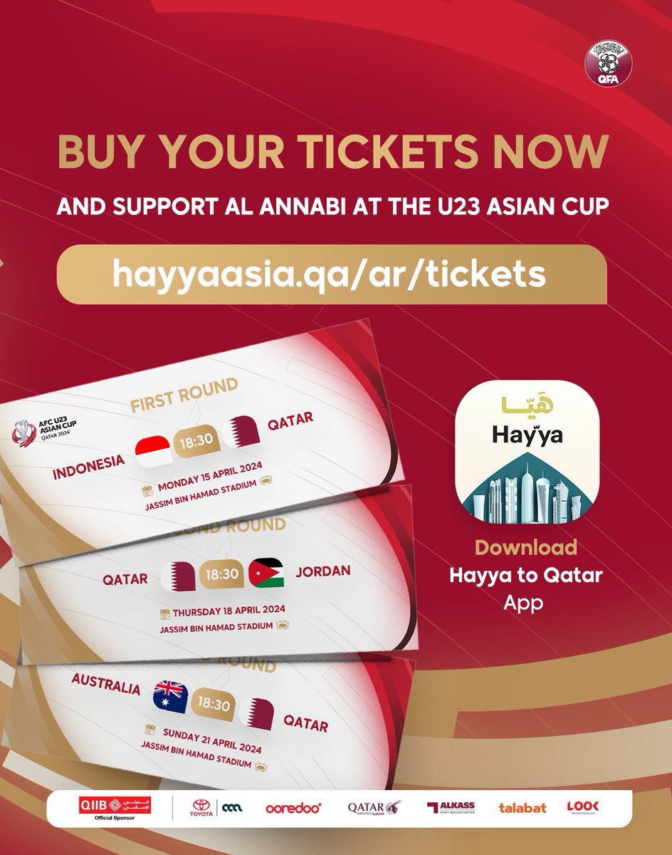 📢 - Tickets for our national team's 🇶🇦 matches in the U-23 Asian Cup are now available. Buy your ticket and support #AlAnnabi 💪. 🎫: hayyaasia.qa/ar/tickets