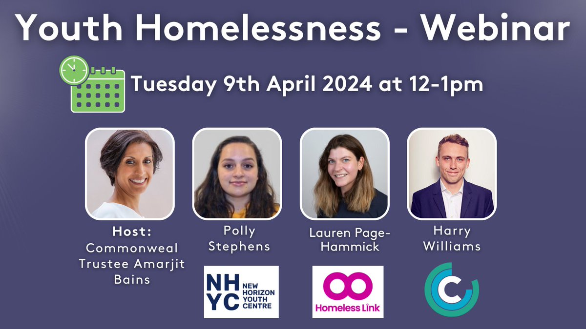 CommonwealTweet's tweet photo. 🚨 Sign up for our youth homelessness webinar tomorrow!

We've got excellent panellists from @NHyouthcentre and @HomelessLink looking at the drivers of youth homelessness and the solutions. 

Key details:   
🗓️09 April 2024
⏰12-1pm
✅ Register now: https://t.co/2lGdWCLcdE https://t.co/5GgPdCqCLG