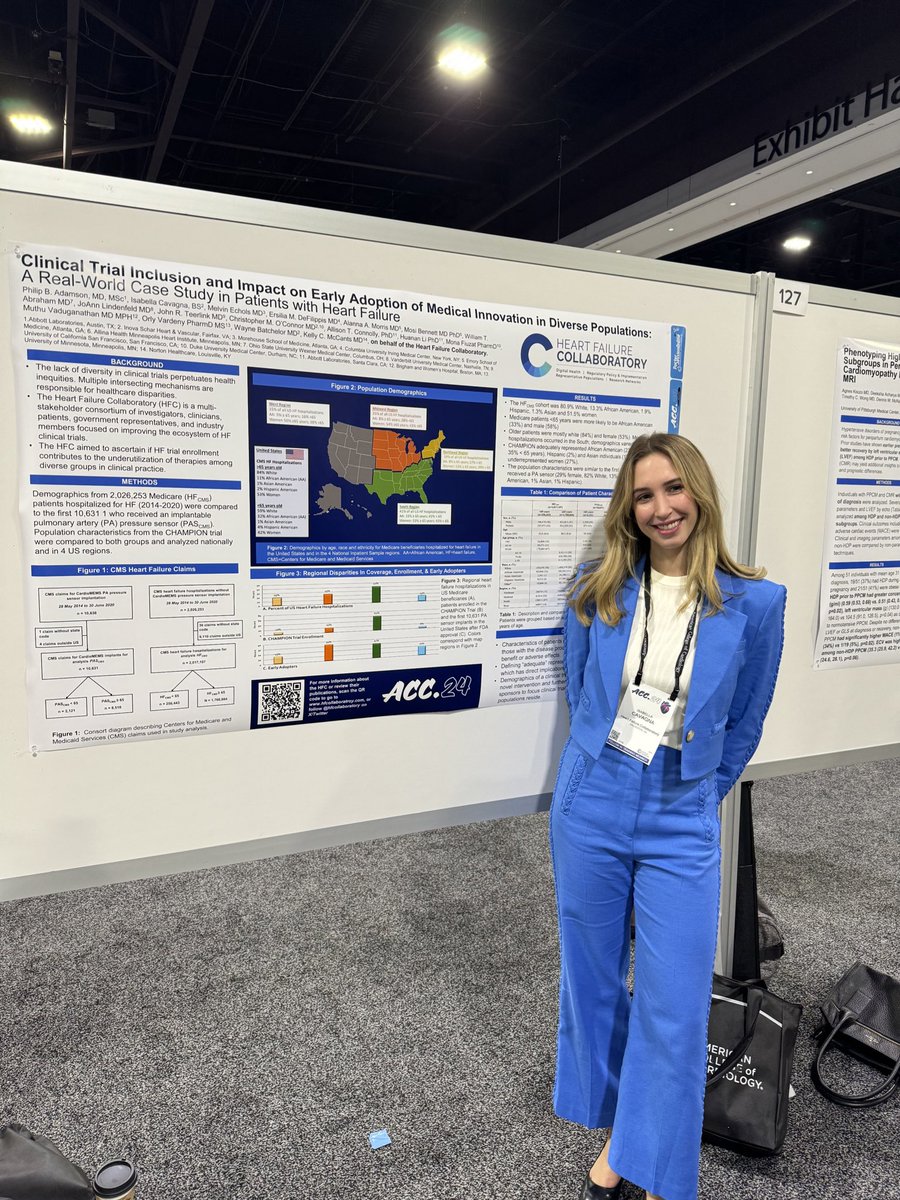 #SimPub in @JACCJournals Does HF trial enrollment contribute to underutilization of therapies among diverse groups in clinical practice? HFC Intern @IsabellaCavagna presents on Clinical Trial Inclusion manuscript out now at the link below🔗 sciencedirect.com/science/articl…