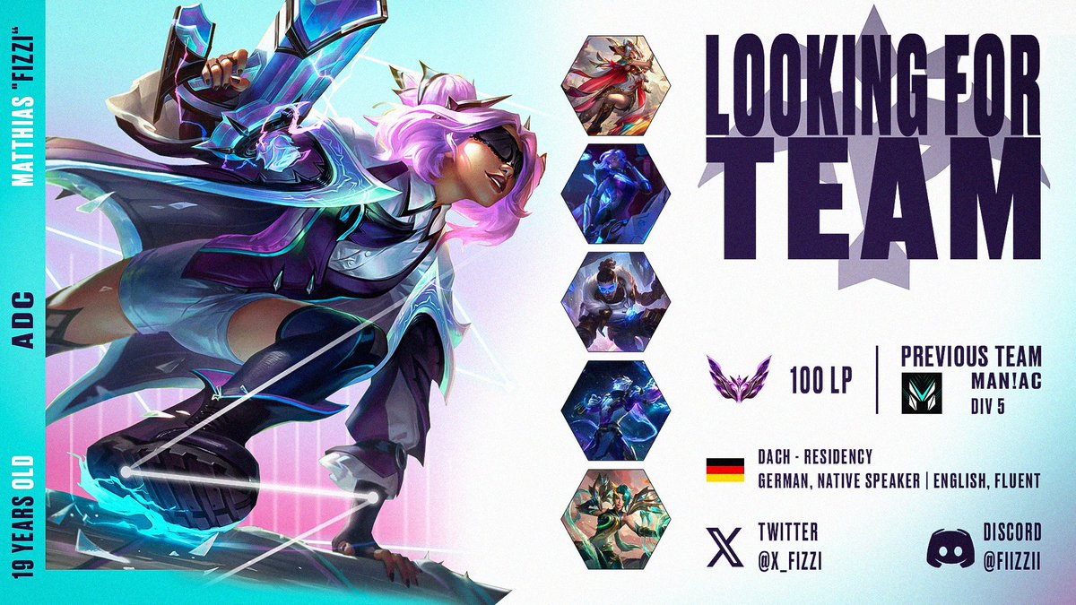 Hello everyone!
 I am now a Free Agent for 2024 Summer Split. I'm an 19-year-old ADC from Germany. 
Can provide references  upon request. 
💙 &amp; RTs highly appreciated.

Thanks @MT1_Arina for the Graphics