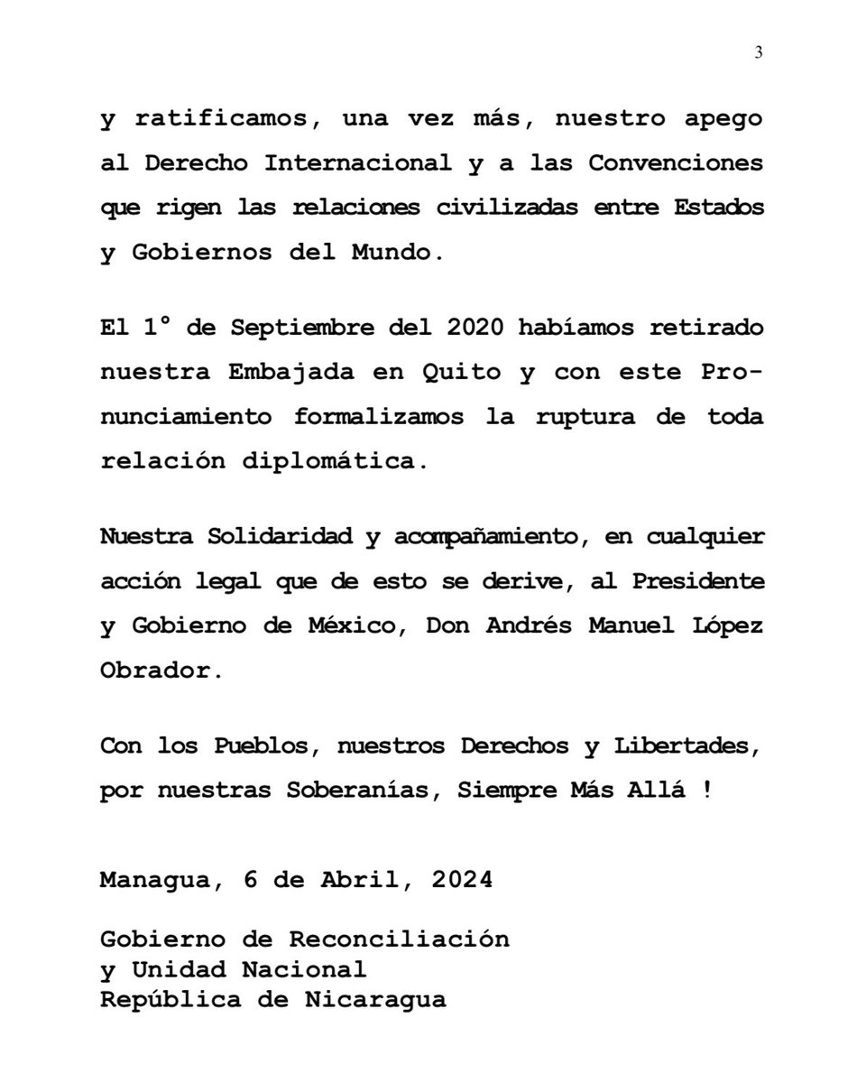 ➡️ #NICARAGUA DENUNCIA A #ECUADOR Y RESPALDA PLENAMENTE A #MÉXICO EXIGIENDO CUMPLIMIENTO DEL DERECHO INTERNACIONAL. 🇳🇮🇲🇽