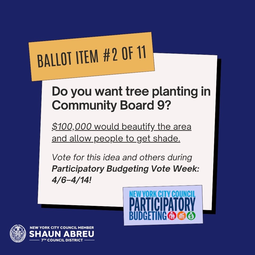 Want to repair the steps to Riverside Park or plant new trees in Community Board 9? Now’s your chance! Participatory Budgeting Vote Week allows you to support these local projects and many others. Find all the information you need on our website: shorturl.at/rwAKX