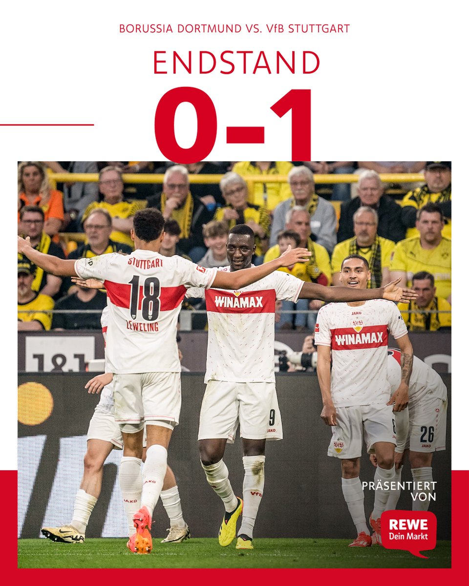 JAAAAA! 💪💪💪 Der VfB gewinnt in Dortmund dank des Treffers von Serhou #Guirassy mit 1:0. Wir werden damit am Saisonende definitiv unter den ersten Sechs stehen. #Europapokal

#VfB | #BVBVfB 0:1 | <a href="/Guirassy_19/">Serhou Guirassy</a> | [Anzeige]
