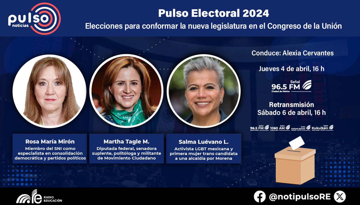 📢 Escucha la retransmisión del 5to programa especial de #PulsoElectoral2024 🗳️ donde conversamos sobre las elecciones para conformar la nueva legislatura en el Congreso de la Unión.

👉 @alexia_radio conversó con las especialistas: <a href="/mironlince/">Rosa Maria Miron</a>, <a href="/MarthaTagle/">Martha Tagle</a> y <a href="/SalmaLuevano/">Salma Luévano Luna</a>