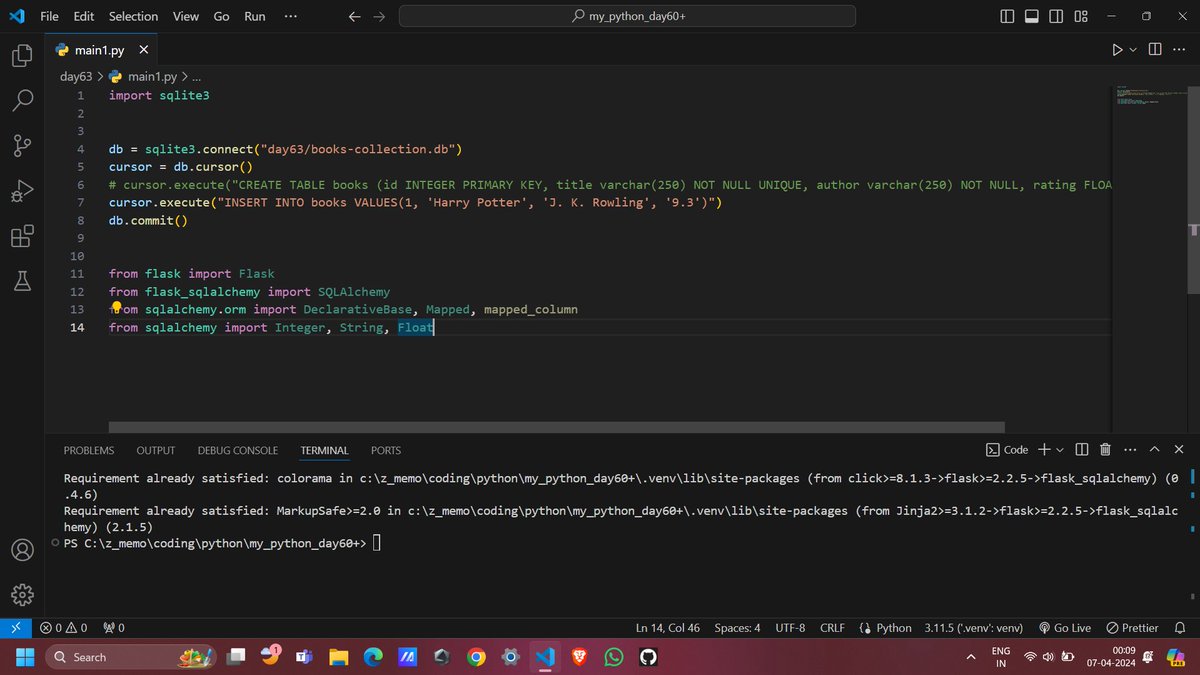 #Day49__50 of #100DaysOfCode 
- 63th of Python course
- uses of SQLite database
- flask_sqlalchemy, sqlalchemy, Flask module 
(reading documentation) 
#code #codinglife #programming #learning #coding #DeveloperStudentClubs #SoftwareDeveloper #100daysofcodepython #SQL