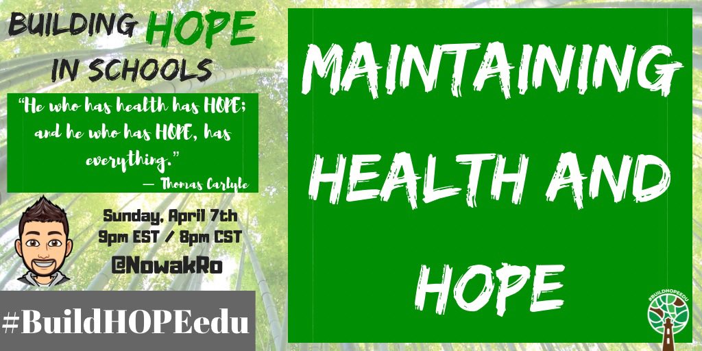 Please join us Sunday, April 7th @ 9pm EST/8pm CST for #BuildHOPEedu as we celebrate World Health Day by talking about Maintaining Health and HOPE. 

See you there!

#CodeBreaker #satchat #LeadLAP #edchat #JoyfulLeaders #education #CrazyPLN #tlap #Edugladiators