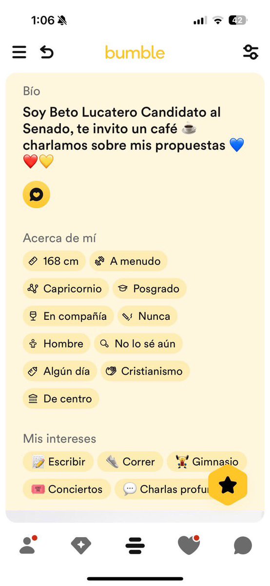 Una amiga sabe que me mama reírme de los perfiles de hombres en apps de citas y vivo por los screens que me manda y pues me acaba de mandar esto: weeeey verdaderamente el PAN ya no sabe ni cómo hacerle para sacar más votos, traen a sus candidatos en tinder. Me muero  😂