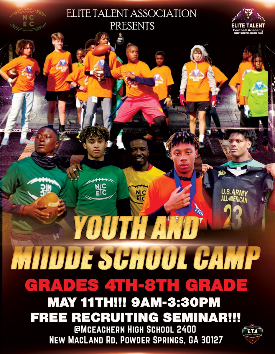 NCEC All-American Camp Elementary and Middle School(Get Exposure) Middle School MVP Wins $1,000 Sponsorship for our Bus Tour. Elementary Wins $1,000 Sponsorship for our Program. Come get noticed from 4th-8th grade. Register here... campscui.active.com/orgs/EliteTale… #BeElite #EliteDBU