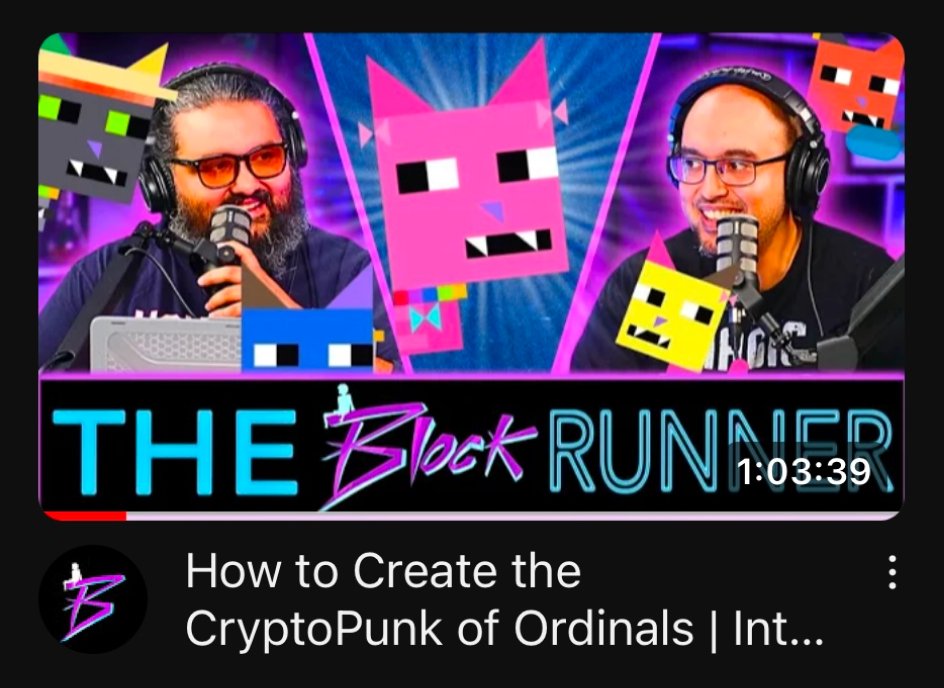 Natcats creator <a href="/Evonbit/">Ev</a> chats Natcats on <a href="/TheBlockRunner/">ᴛʜᴇ ʙʟᴏᴄᴋ ʀᴜɴɴᴇʀ Podcast | 91.bitmap 🟧</a> podcast.

Tune in at the link 🔥
youtu.be/3FsbnTAtcjg?si…