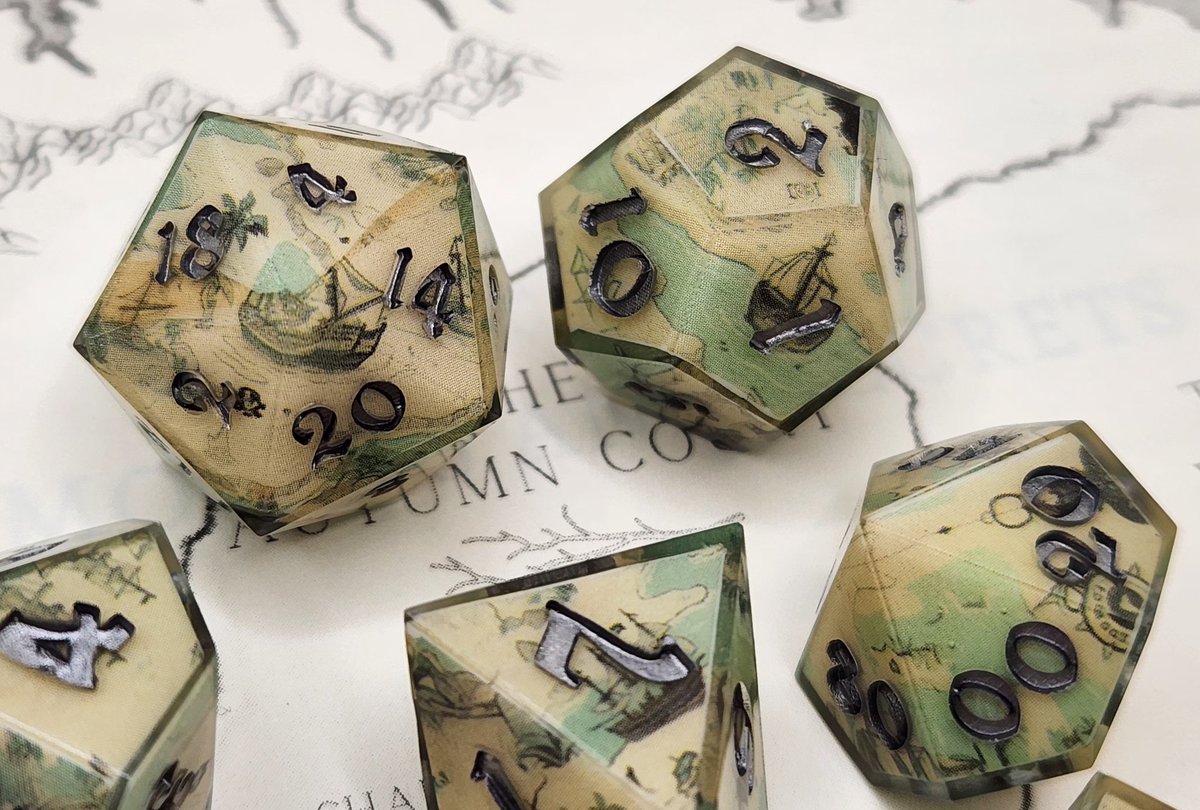 I'll also be adding 2 more sets of the Pirate Map! Yes, they will be in Goth Numbering this time 😏 #dnd #ttrpg #handmadedice #dice #dungeonsanddragons