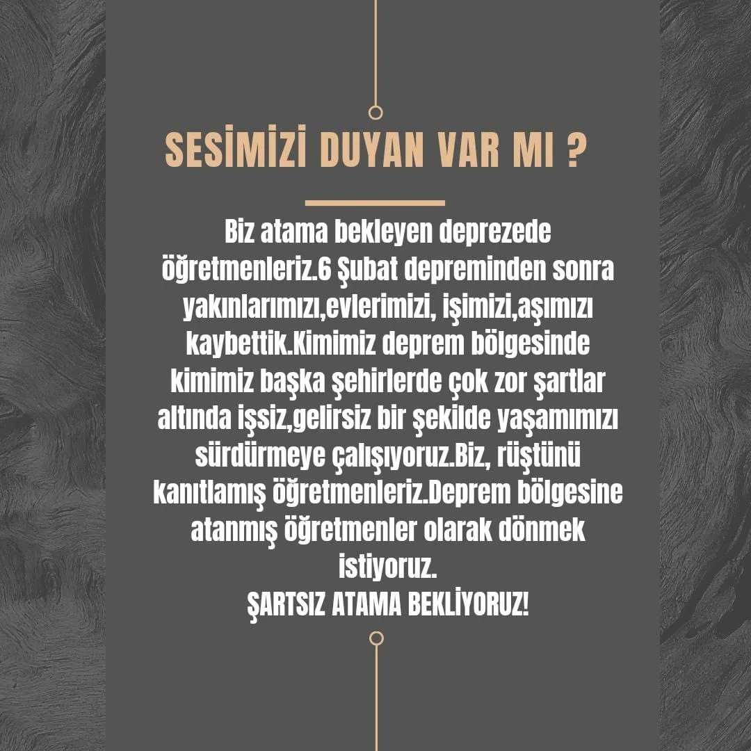 Deprem bölgesinde yaşam mücadelesi veren ataması gerçekleşmemiş depremzede öğretmenler acilen şartsız atama bekliyor. İşsiz,gelirsiz ve mutsuzuz.Yanımızda olun lütfen. Koşulsuz atama bekliyoruz
<a href="/RTErdogan/">Recep Tayyip Erdoğan</a> <a href="/EmineErdogan/">Emine Erdoğan</a> <a href="/tcbestepe/">T.C. Cumhurbaşkanlığı</a>  <a href="/HMBakanligi/">T.C. Hazine ve Maliye Bakanlığı</a> <a href="/HuseyinYayman/">Hüseyin Yayman🇹🇷</a>
#UnutuldukTükendik