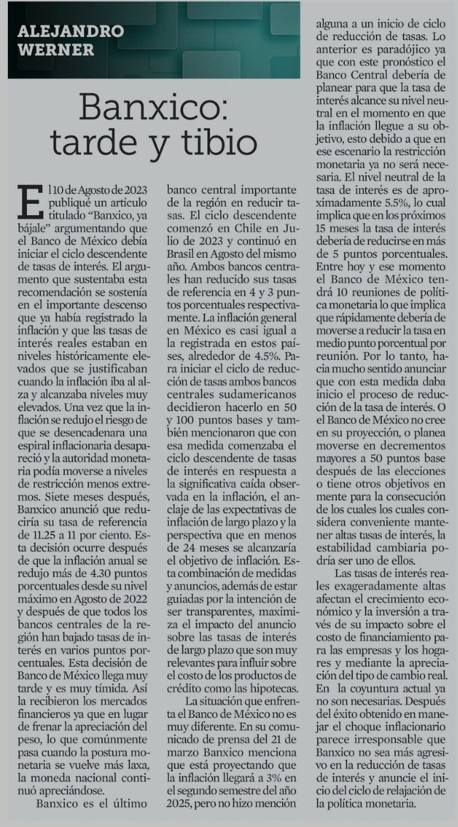 La restricción monetaria del Banco de México muestra una sobrerreacción con respecto a otros periodos de alza de tasas y vs. pares de la región. El nivel parece querer compensar la inexperiencia de la junta @alejandrowerne7 escribe sobre los riesgos de sostener la postura actual