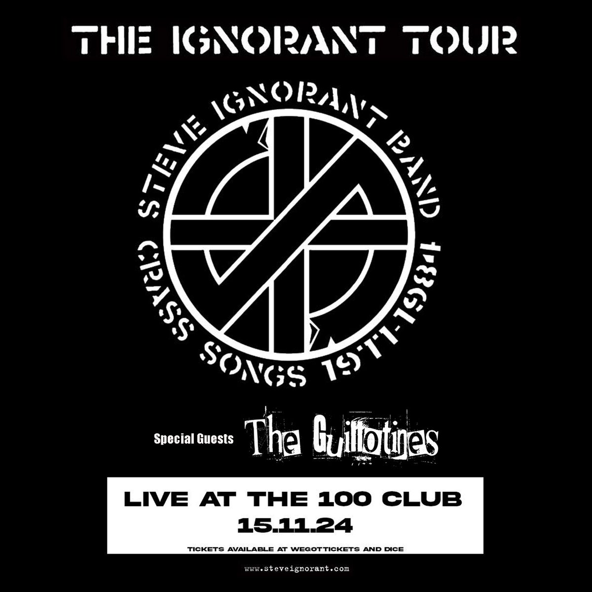 We are super excited to have The Guillotines joining us at The 100 Club in November. Tickets are going fast. 15-11-2024 100 Club, London wegottickets.com/event/609755 #steveignorantband #crass #theguillotines #steveignorant @the100clublondon
