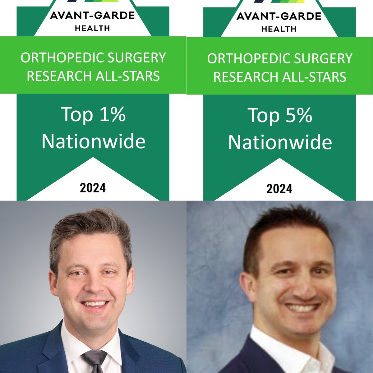 We're honored that Dr Eric Wagner (1%) and Dr Michael Gottschalk (5%) were 2024 Orthopaedic Research All-Star! This celebrates the significant research contributions I've made through co-authored publications. The #HealthcareResearchAllStars lists, curated by @Avant-garde Health