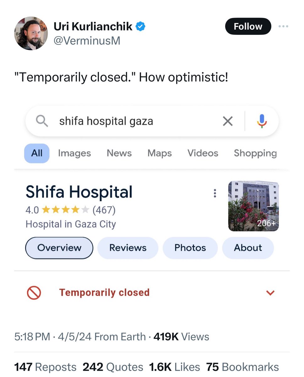 What a sick person, and sick 1.6K people who liked his post. Rejoicing in destroying a hospital is the lowest humanity can produce