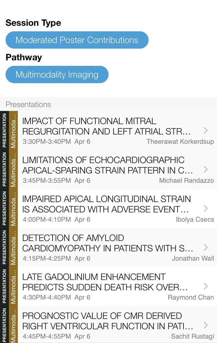 So much great science at #ACC2024 Join us for this moderated poster session on Novel Applications of Multimodality Imaging in Cardiomyopathies happening at 3:30. We will hear about impact of atrial strain and FMR on outcomes, accuracy of apical sparing pattern in amyloidosis, RV…