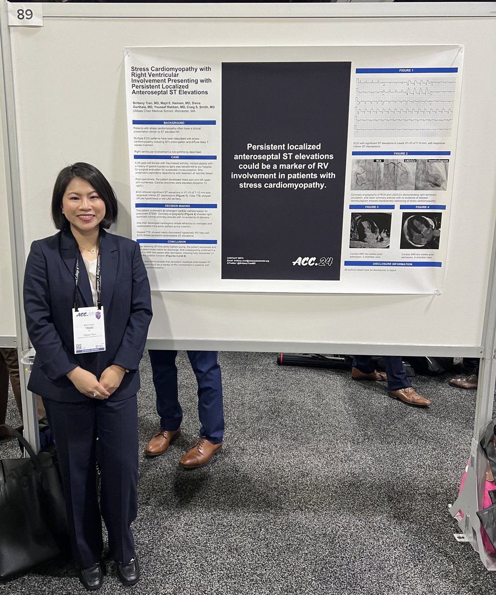 Presenting our poster at #ACC24: stress cardiomyopathy with LV and RV involvement + localized anteroseptal ST elevations Thx to @UMassCardio @UMassIMResident @ACCinTouch for the opportunity! 🫀🩺 #ACCWIC