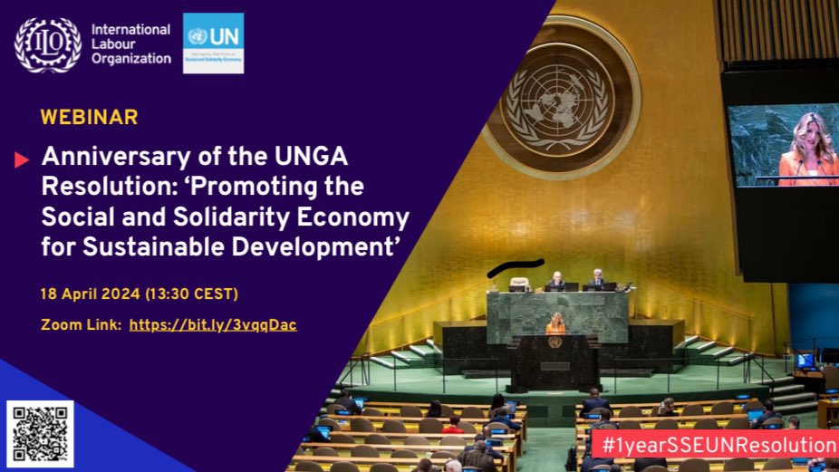 On April 18th, one year will have passed since the adoption of the @UN GA Resolution on “Promoting the #SSE for #sustainabledevelopment joint the @ilocoop Webinar (1:30 – 2:45 CEST). Translation will be in English, French & Spanish. ilo-org.zoom.us/meeting/regist…