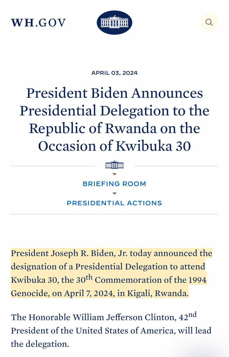 BREAKING Former US President Bill Clinton has arrived in Rwanda to attend the Commemoration of Genocide Against the Tutsi. #Kwibuka30