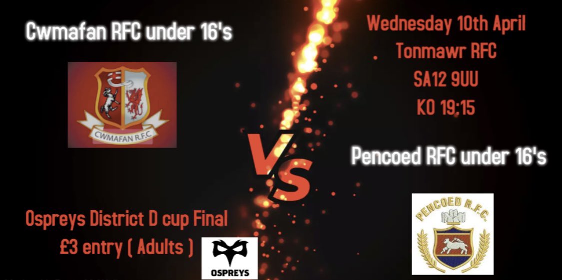 Huge game for our u16s this coming Wednesday as they battle for silverware in the Ospreys District D Cup Final at Tonmawr RFC. Why not make the short trip up the valley to support the boys. Good luck lads 🔴⚫