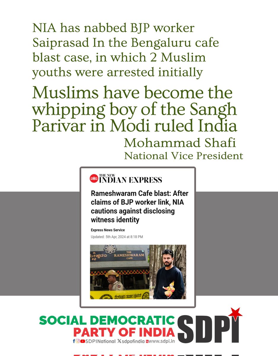 Defacto the first suspects in any blast in the country is Muslim. In the #BengaluruCafeBlast  case  in which 2 Muslim youths were arrested initially, the NIA has now nabbed Saiprasad, a BJP worker. Muslims have become the whipping boy of the Sangh Parivar in Modi ruled India