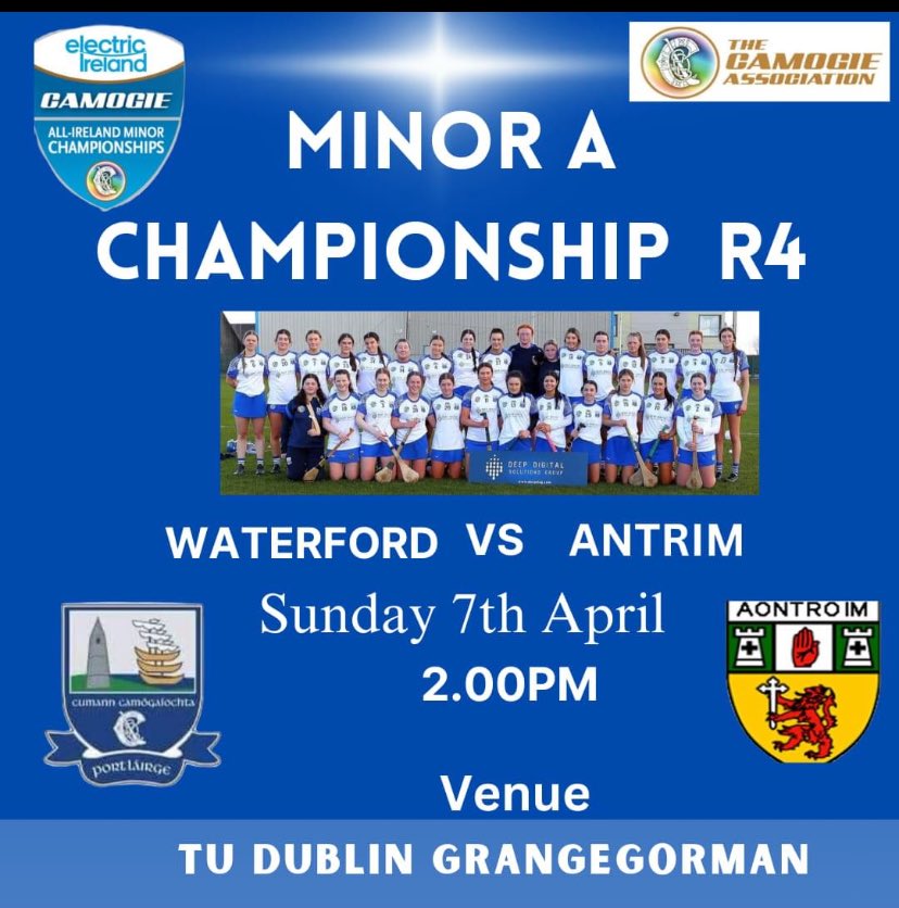 Best of luck to the Minor Waterford Camogie girls who play Antrim tomorrow 2pm. Electric Ireland Tower Hotel & Leisure Centre Waterford marketing@deepdsg.com