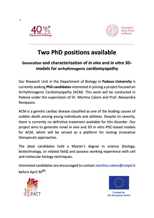 @DiBio_UniPD is hiring! Anyone interested in a PhD position in Cardiogenetics at the Dept of Biology at Padova University? Check the website biologia.unipd.it/news/leggi/new… and send your CV & motivation letter to 📨martina.calore@unipd.it