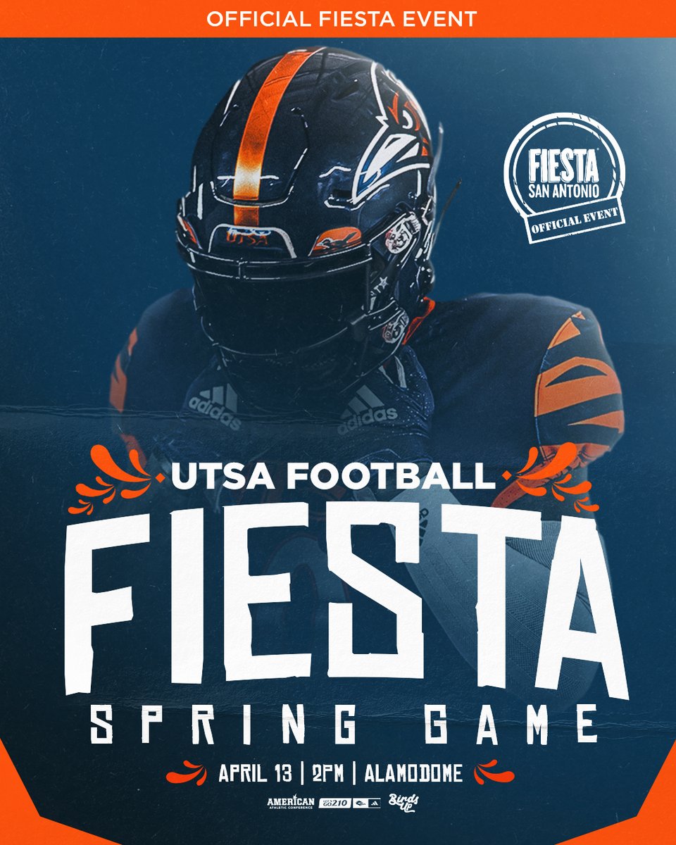 One week from today, we will be playing football at this time. Join us @Alamodome for the @UTSAFTBL Fiesta Spring Game. Free admission and free parking for fans. #BirdsUp 🤙 #LetsGo210