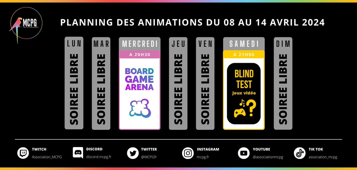 MCPGfr's tweet photo. Voici le #PlanningDeLaSemaine ! Cette semaine, #BoardGameArena le mercredi et #Blindtest le samedi 🎉Notre Discord, c'est par ici 👉 https://t.co/pkALYFYk9L N'hésite pas à rejoindre la communauté✨ https://t.co/QxIvyIqF6N
