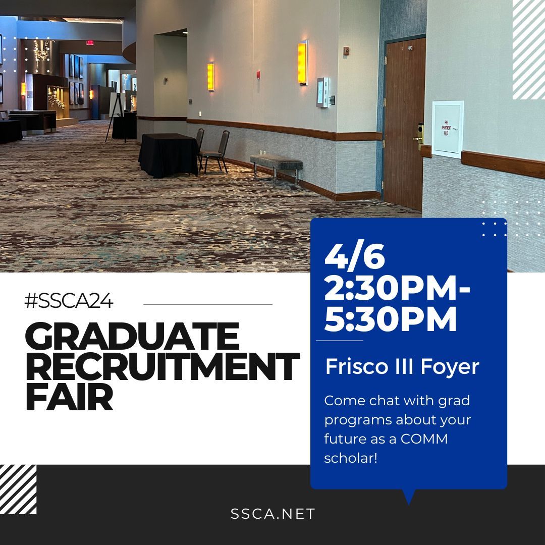 SSCA_COMM's tweet image. Looking to go grad school or know someone who is? Head down to the Frisco 3 Foyer for the grad fair! From 2:30pm-5:30pm, representatives from many great graduate programs will be there chat about your future as a communication scholar. Don&apos;t miss this great opportunity at #SSCA24