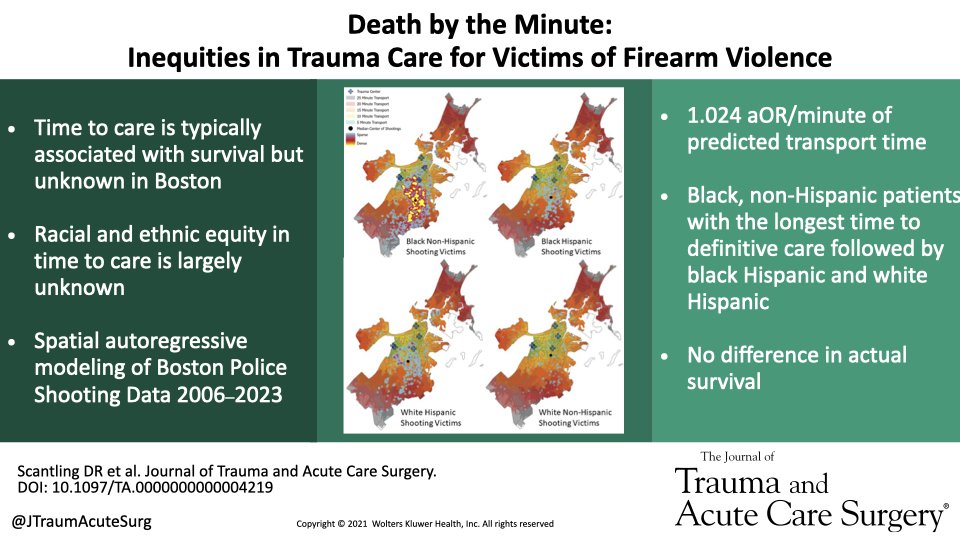 Death after a gunshot wound increases with each minute of transport time. Racial & ethnic minorities who disproportionately suffer from firearm injuries may be exposed to longer transport times @dane_scantling @m_p_md @noelle_saillant @sandrogalea journals.lww.com/jtrauma/fullte…
