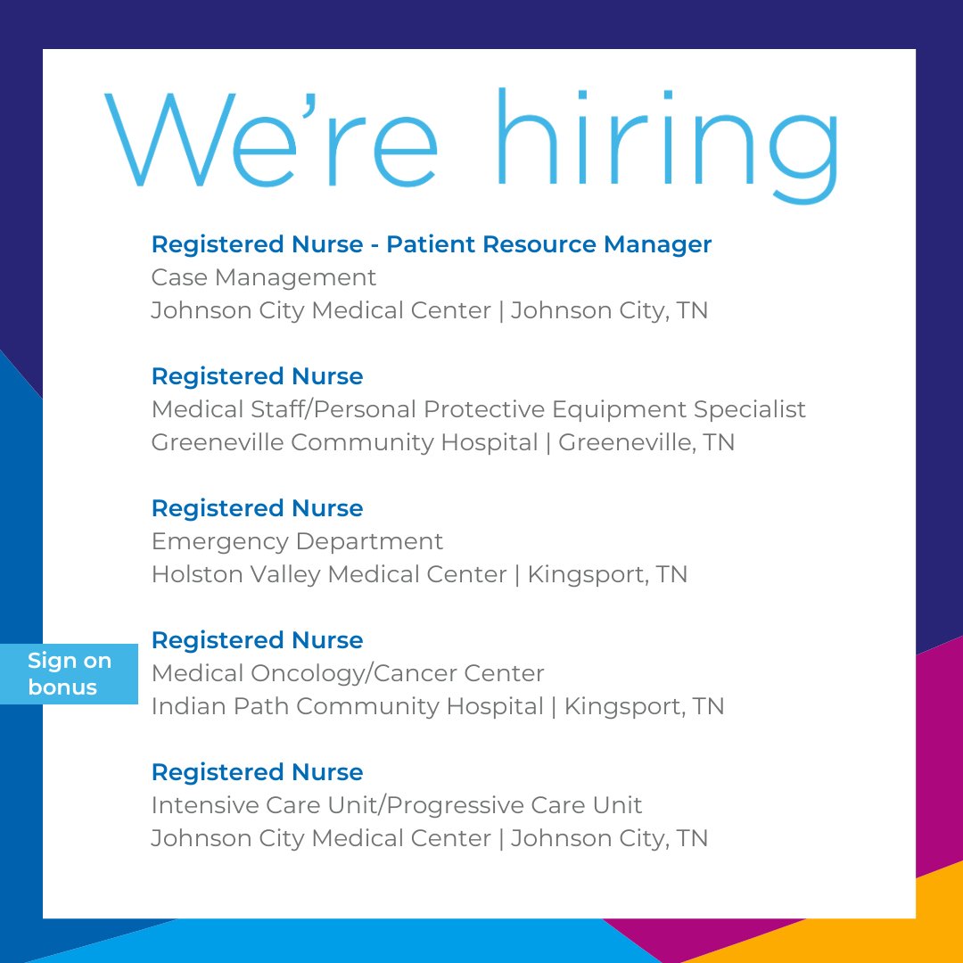 ⭐ Check out the top #nursingjobs we're hiring for this week! ⭐ RN - Patient Resource Manager, Case Management, Johnson City, TN: ow.ly/wazn50R9fcW RN - Medical Staff/Personal Protective Equipment Specialist, Greeneville, TN: ow.ly/SER950R9fcX #balladhealth
