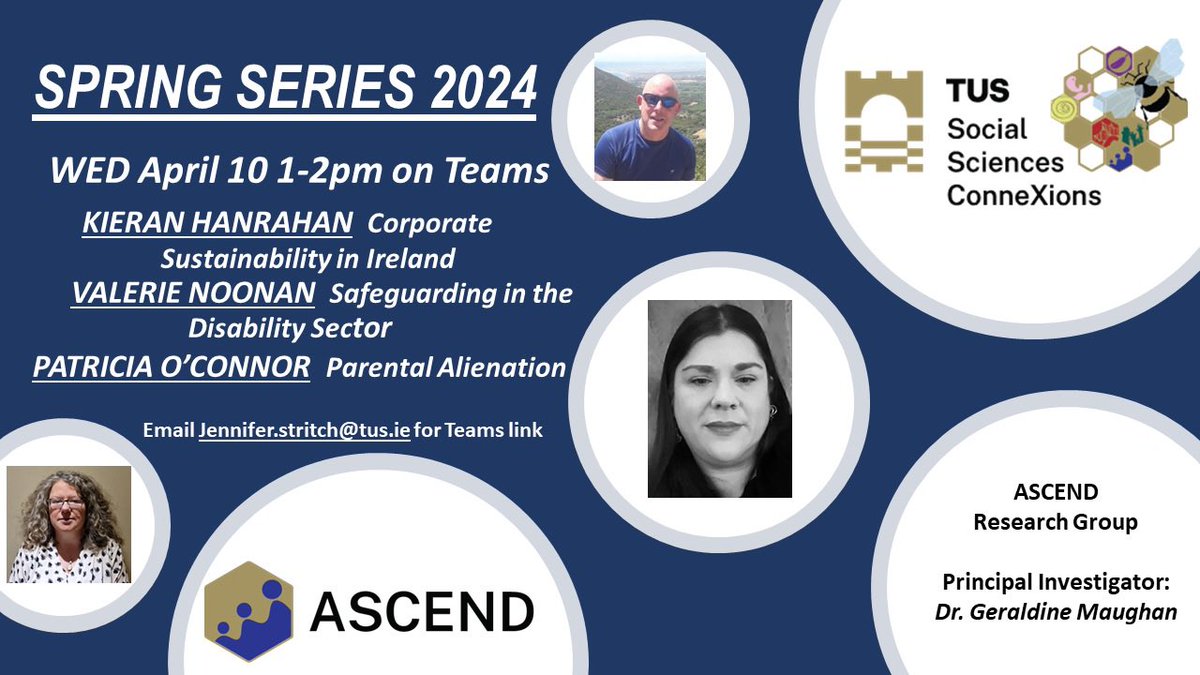 Our last #SpringSeries online #research talk for 2024 happens this Wed 10/4 from 1-2pm featuring members of ASCEND research group. All are welcome; email Jennifer.stritch@tus.ie for Teams link #ParentalAlienation #safeguarding #disabilities #Sustainability #socialcare