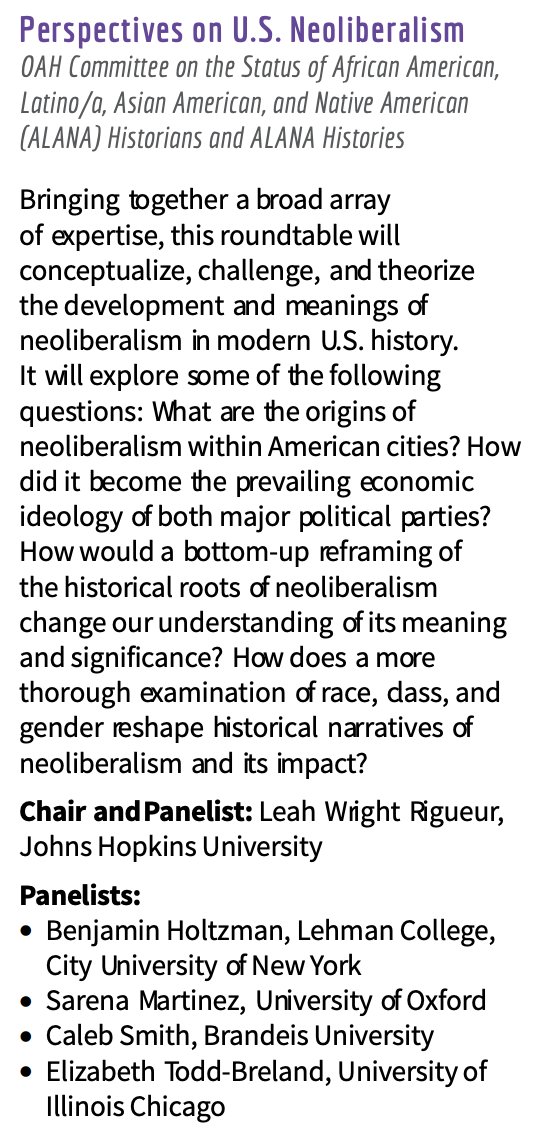 Looking forward to a very busy Saturday at the OAH next week. I'm chairing and commenting on 'New Histories of Neoliberalism' before leading a chat on 'Anti-LGBTQ Politics in the 2024 Elections.' Then I'll pinch-hit for the great @LeahRigueur on 'Perspectives on Neoliberalism.'