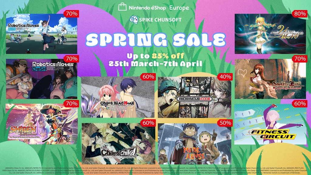 🌸#Nintendo eShop Spring Sale will end tomorrow on April 7th! Now is your chance to save up to 85% on select Spike Chunsoft, Inc. titles. Don't miss out on this opportunity! 🌸Check the list of titles here: spike-chunsoft.com/sale/easter-sa…