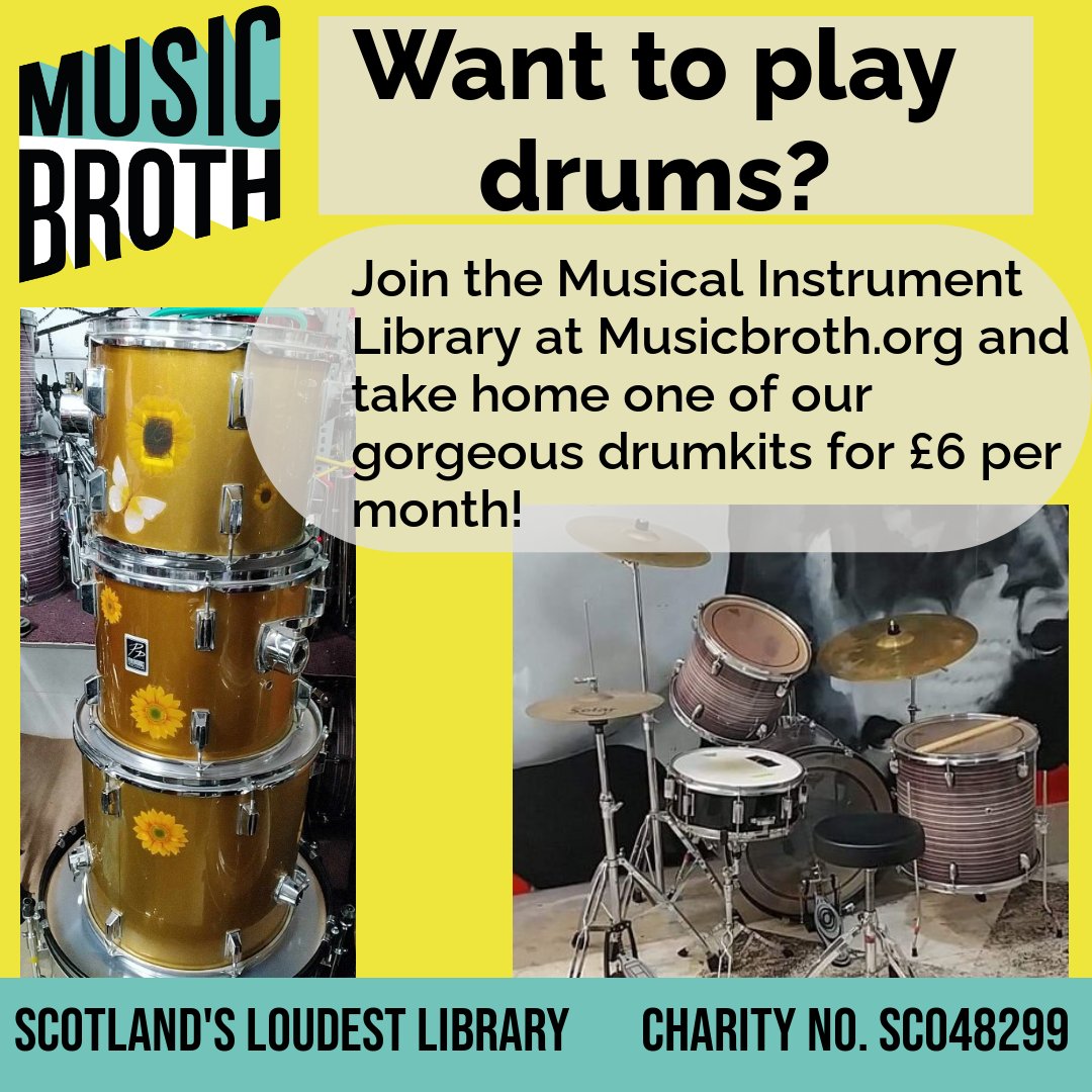 Want to play drums? Join the Musical Instrument Library at MusicBroth.org and take home one of our gorgeous drum kits for £6 per month /£60 per year! #MusicIsForEveryone #Drums #MusicAccessibility #DrumsGlasgow #InstrumentLibraryScotland