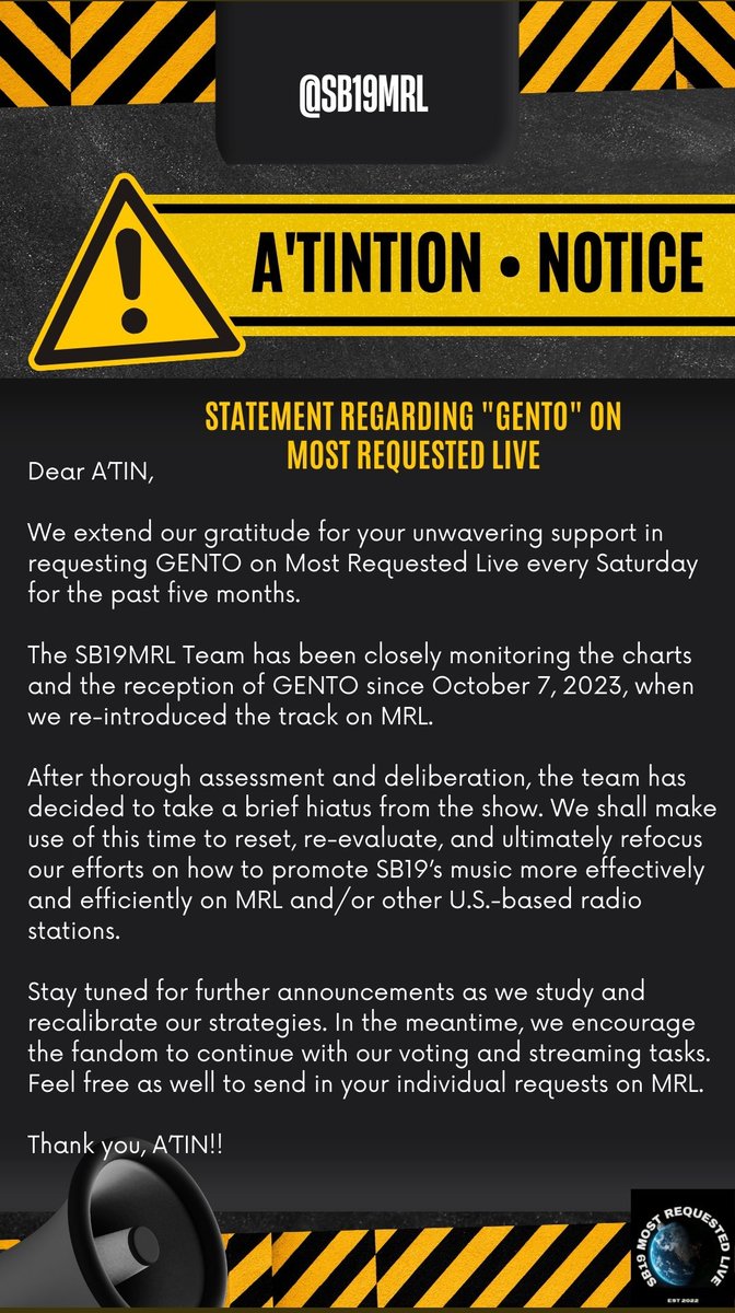 📢 Statement Regarding “Gento” by SB19 on Most Requested Live 📢