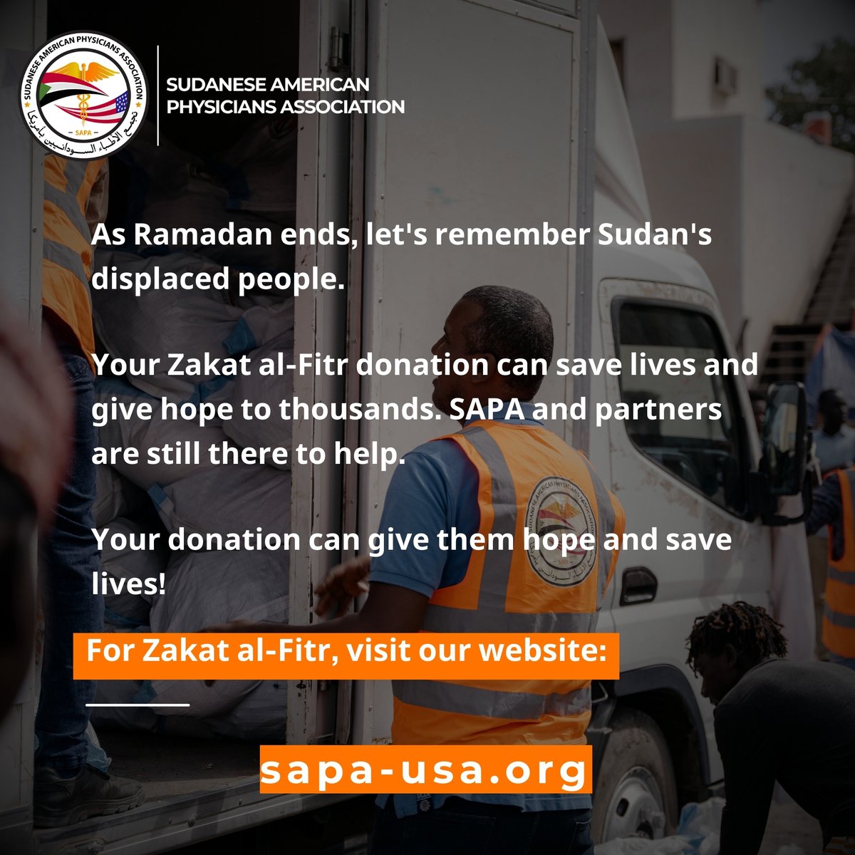 As Ramadan ends, let's remember Sudan's displaced people. Your Zakat al-Fitr donation can save lives and give hope to thousands. SAPA and partners are still there to help. #SAPAHopeForSudan

To donate your Zakat al-Fitr, visit our website: sapa-usa.org