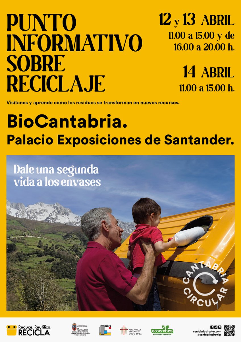 ¿Cómo podemos 🔂 convertir los residuos en nuevos recursos? 🤔 ¡Reutilizando y reciclando! ♻️ Te lo contamos todo el próximo fin de semana en @BioCantabria. 👋

🗓️ 12 y 13 de abril
⏰ 11:00 - 15:00 y 16:00 - 20:00 h
🗓️ 14 de abril
⏰ 11:00 - 15:00 h
📍 @PdeExposiciones