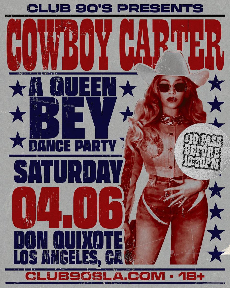 Tonight 🤠 Club 90's is bringing the hoedown to DQ and we're celebrating the release of Beyonce's ‘Cowboy Carter’ ✨ Join us for the ultimate beyhive party 🧲 Tickets: ow.ly/vcuT50R9Sji Doors: 9:30pm // 18+ #donquixotela #losangeles #boyleheights #beyonce #cowboycarter